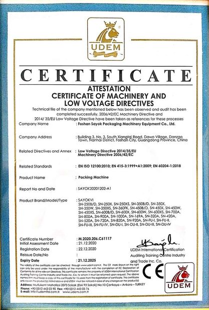 China Foshan Sayok Intelligent Machinery Co., Ltd.， certification